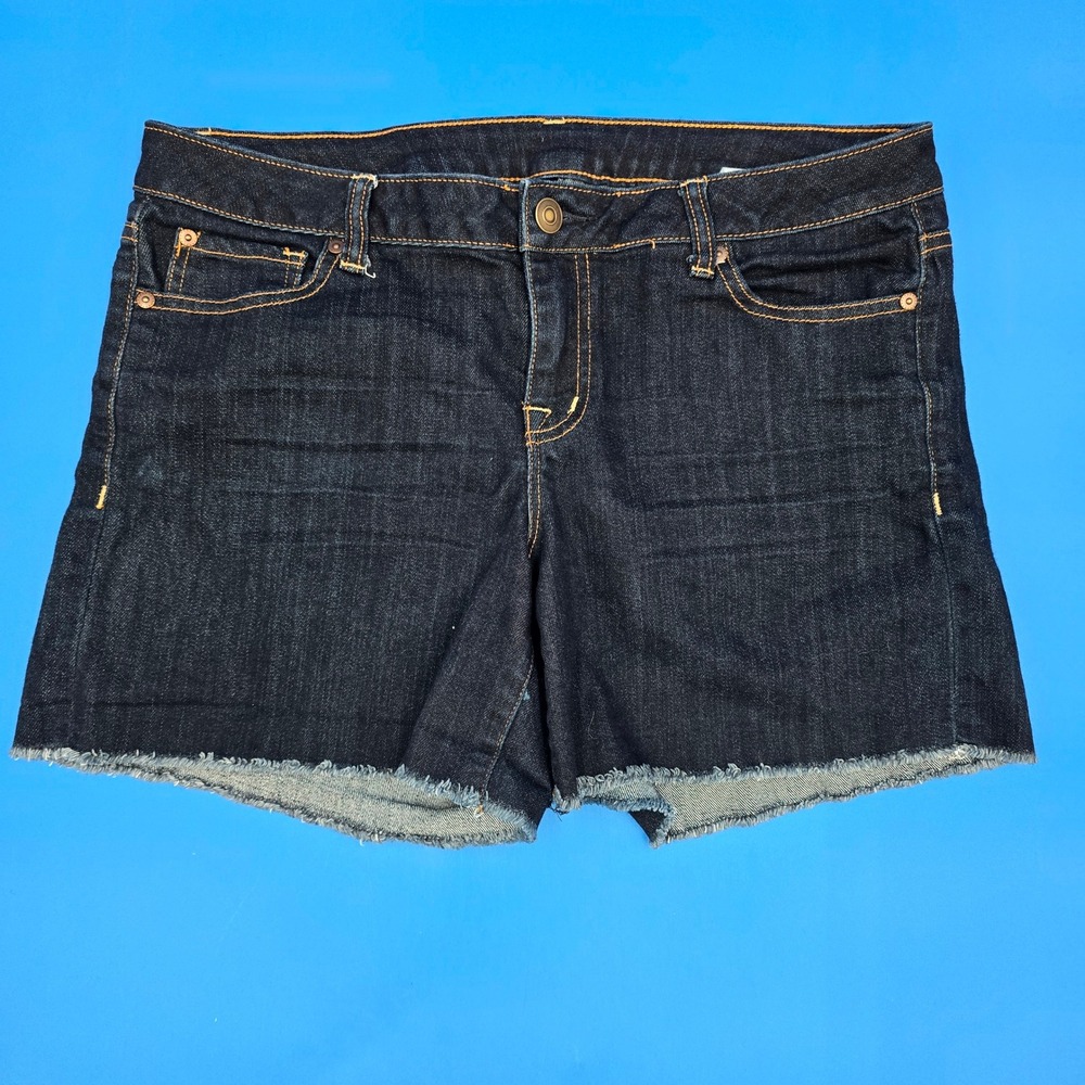 J. Jess Dark Wash Denim Shorts 31 Raw Hem Frayed Stretch Indigo Mid Rise Cutoff